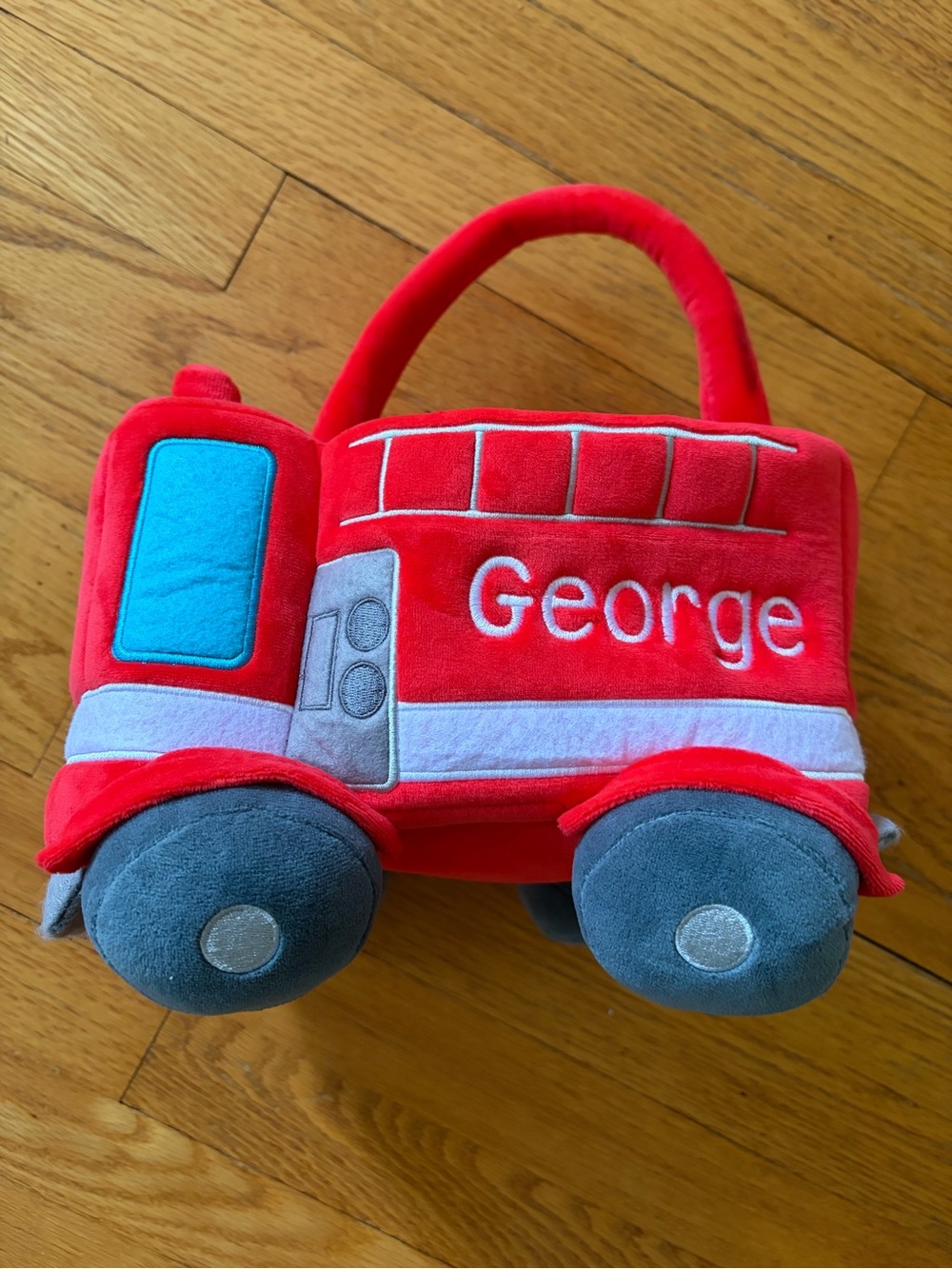 Personalized Red Plush Fire Truck Toy Basket with Custom Name